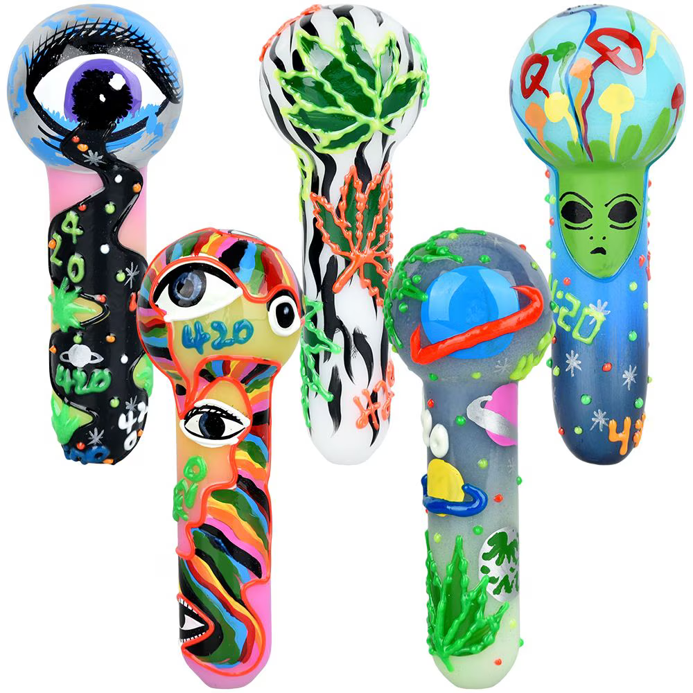 420 Painted Glow In The Dark Glass Spoon Pipe | 5" | Assorted Designs | 6ct Bundle