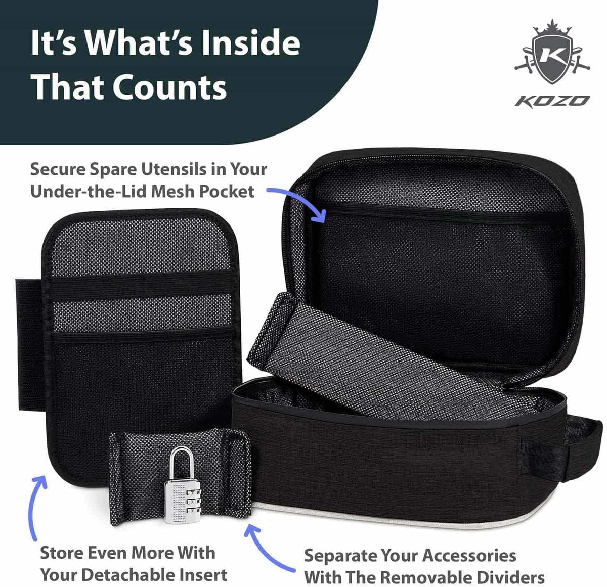 Kozo Black Smell-Proof Bag with Combo Lock and Dividers