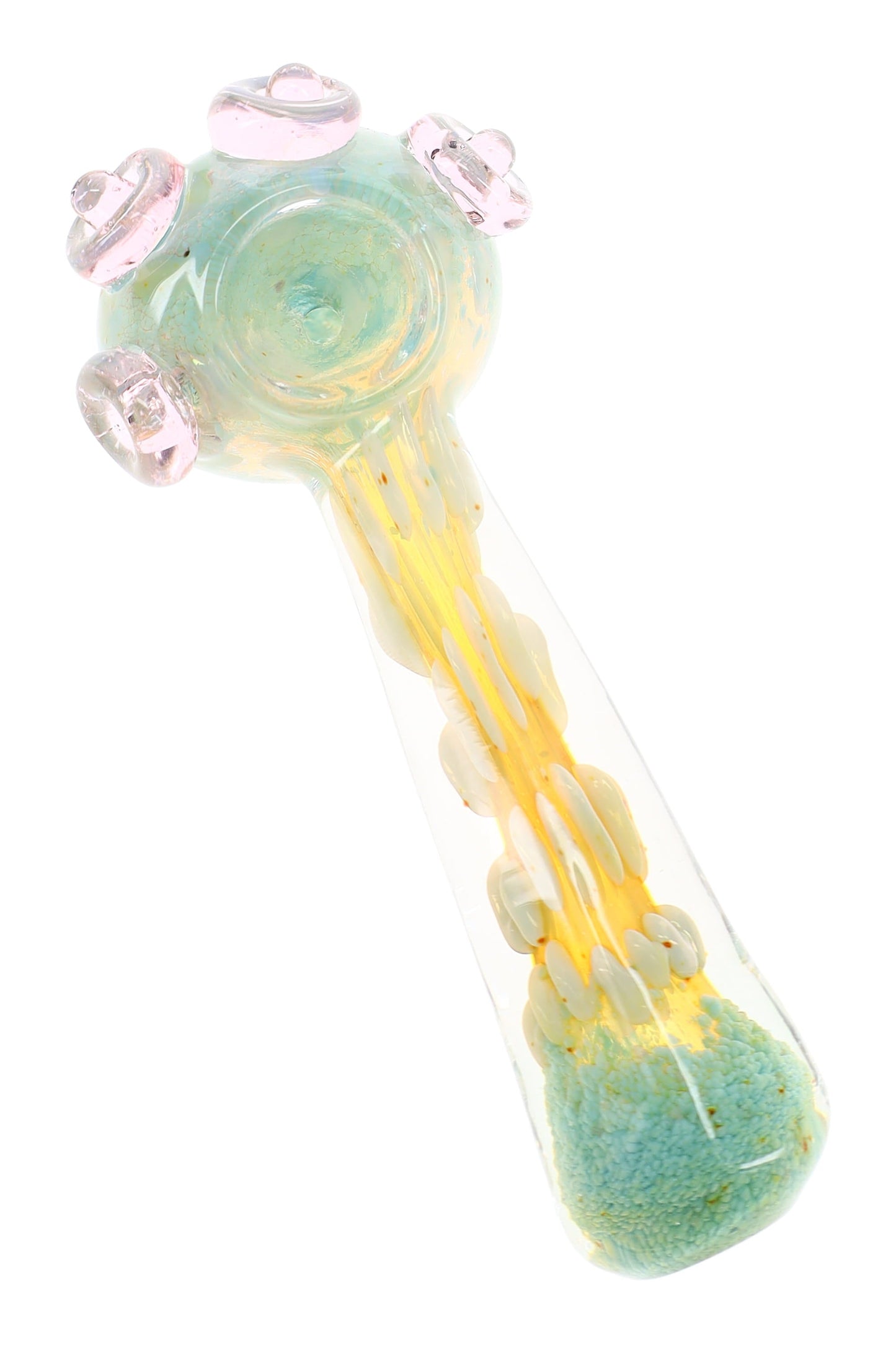 Thick Silver Fumed Frit Spoon Pipe “Peacock Pop” – 5″ – Assorted Colors