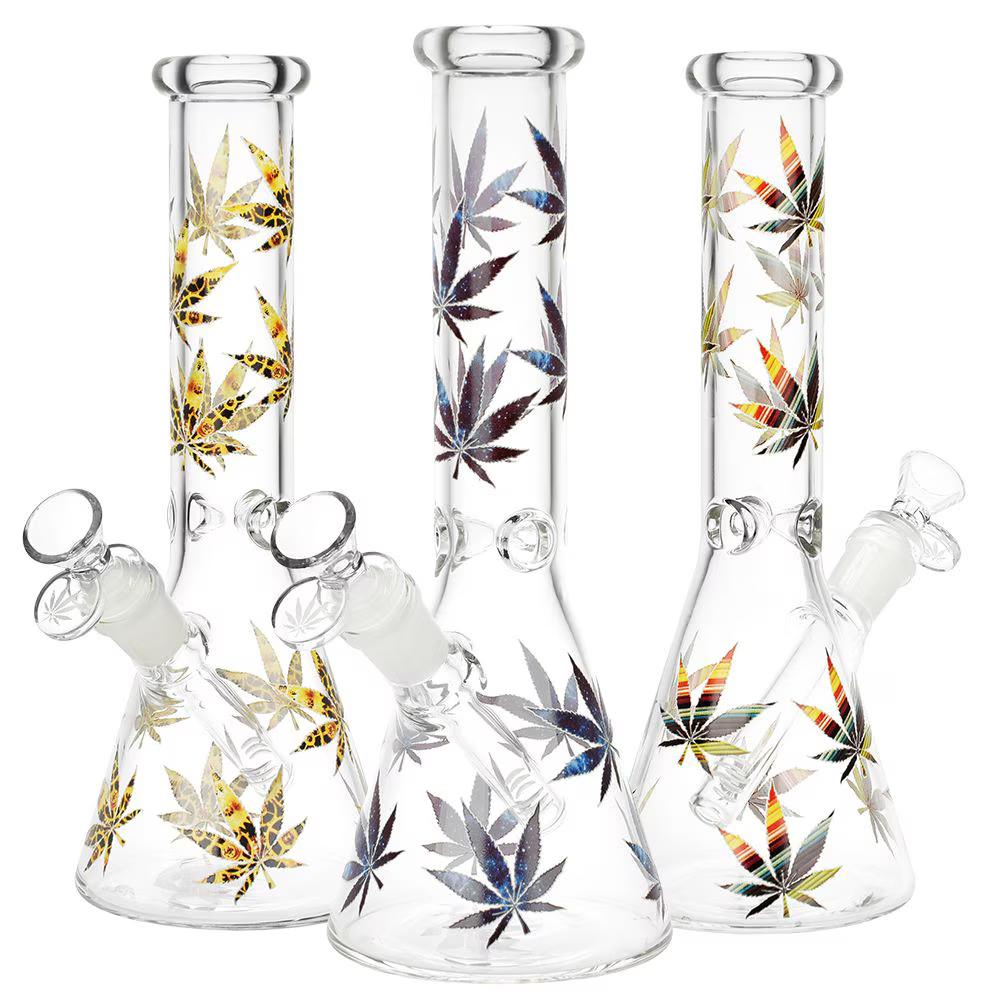 Stylized Hemp Leaf Glow in the Dark Glass Beaker Water Pipe | 10" | 14mm F | Designs Vary