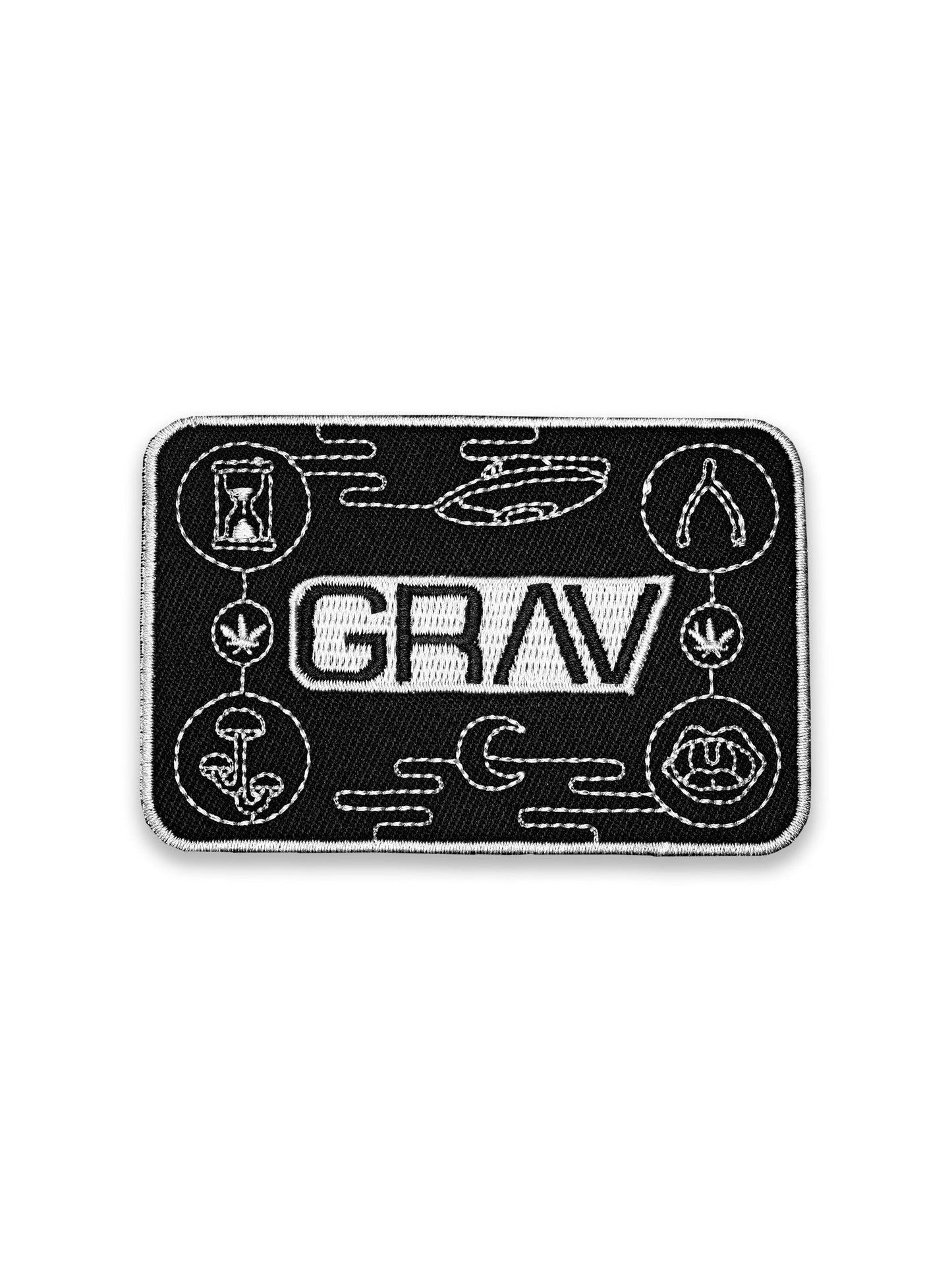 GRAV Embroidered Logo Patch - Black Twill with White Stitching for Apparel & Gear