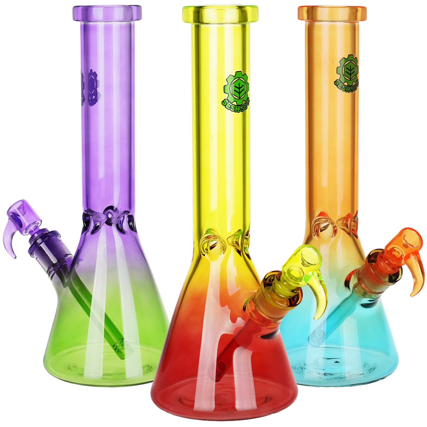 Seshgear Straight Up Beaker Glass Water Pipe | 13.75" | 14mm F | Assorted Colors | 3ct Bundle