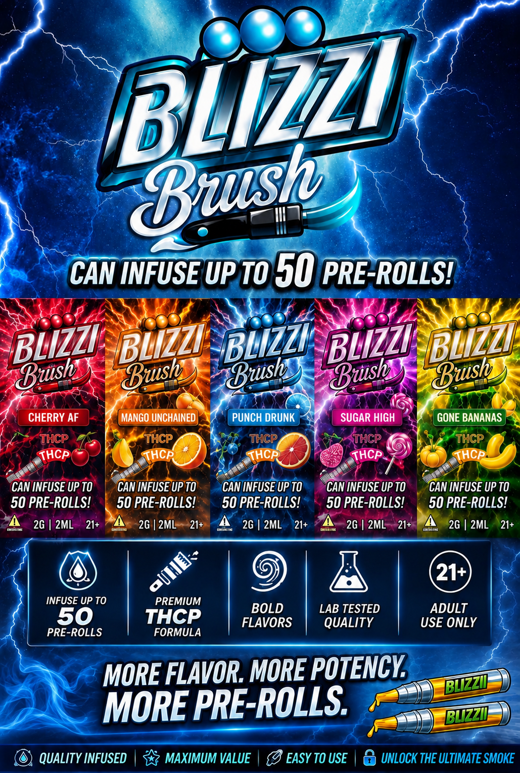 Blizzi Brush all five flavors — Cherry AF, Mango Unchained, Punch Drunk, Sugar High, Gone Bananas