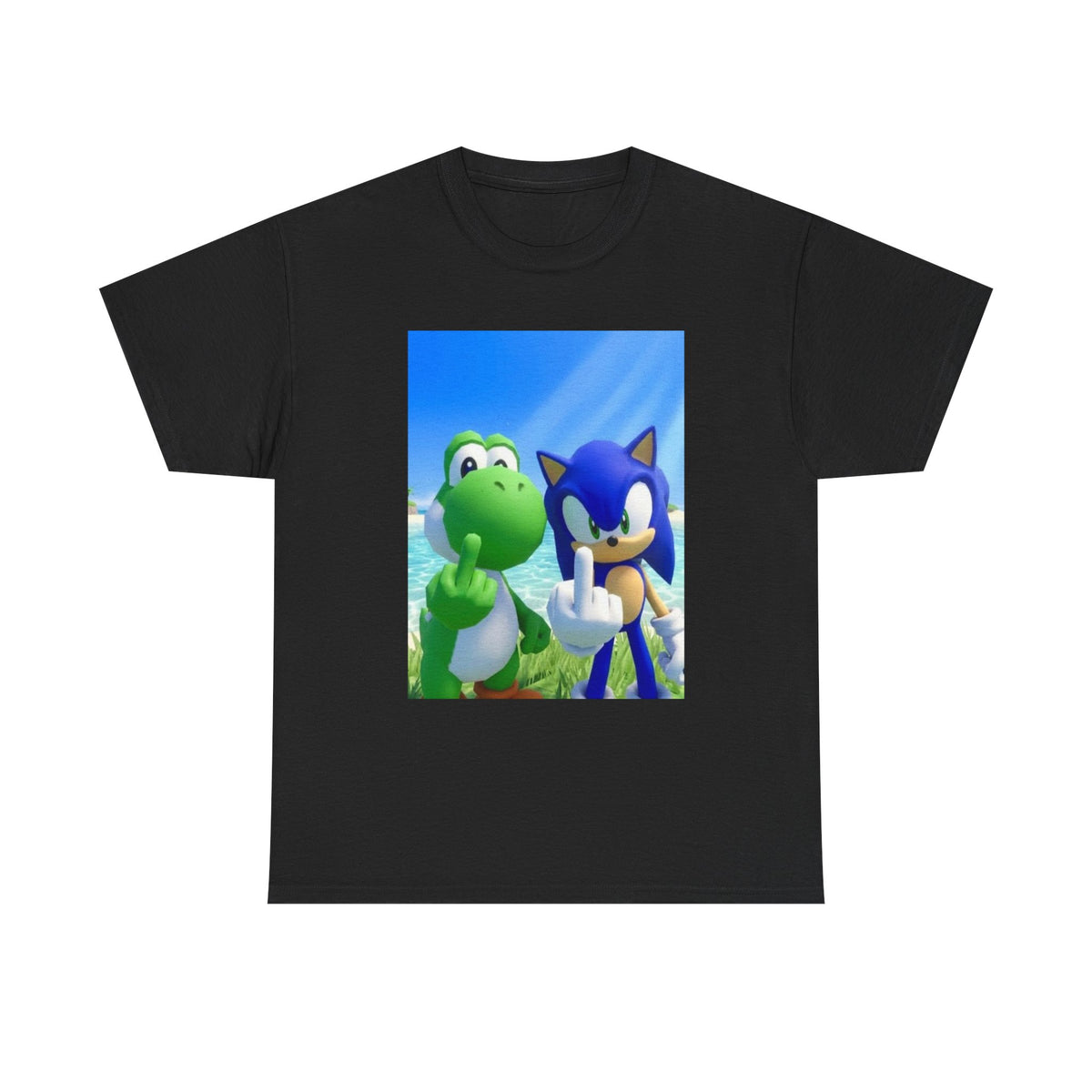Yoshi And Sonic Flipping Birds On Beach Tee
