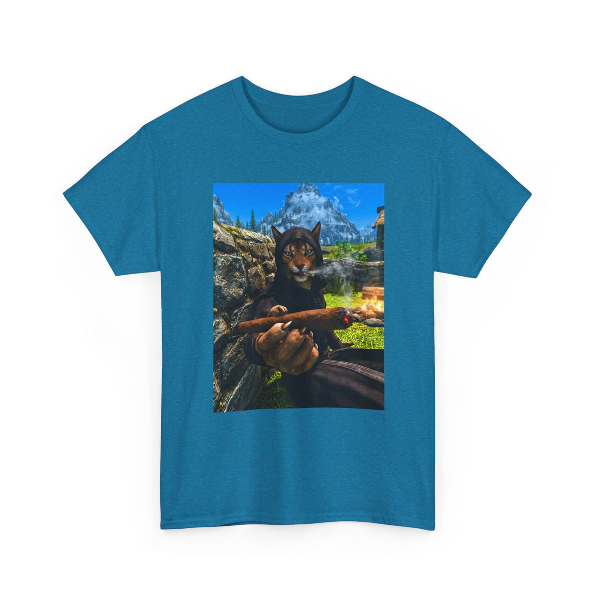 Khajiit Mage Smoking Cigar By Campfire Tee