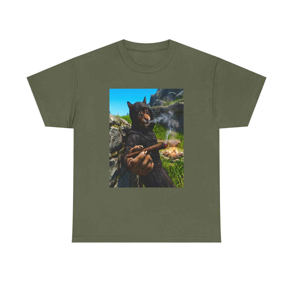 Khajiit Monk Smoking By Campfire Tee