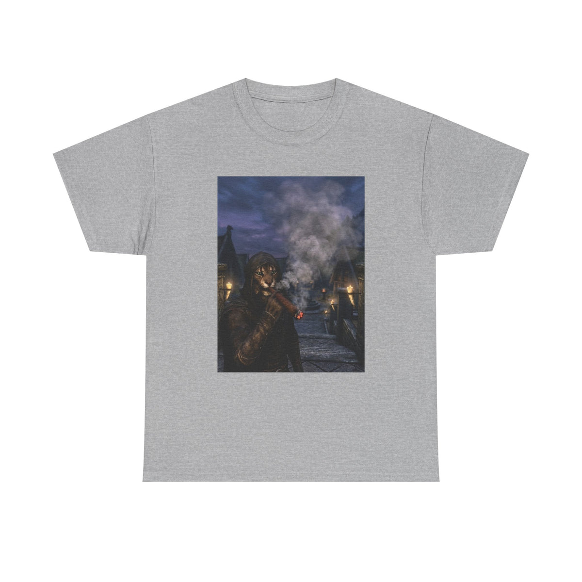 Khajiit Smokes Cigar In Medieval Alley Tee