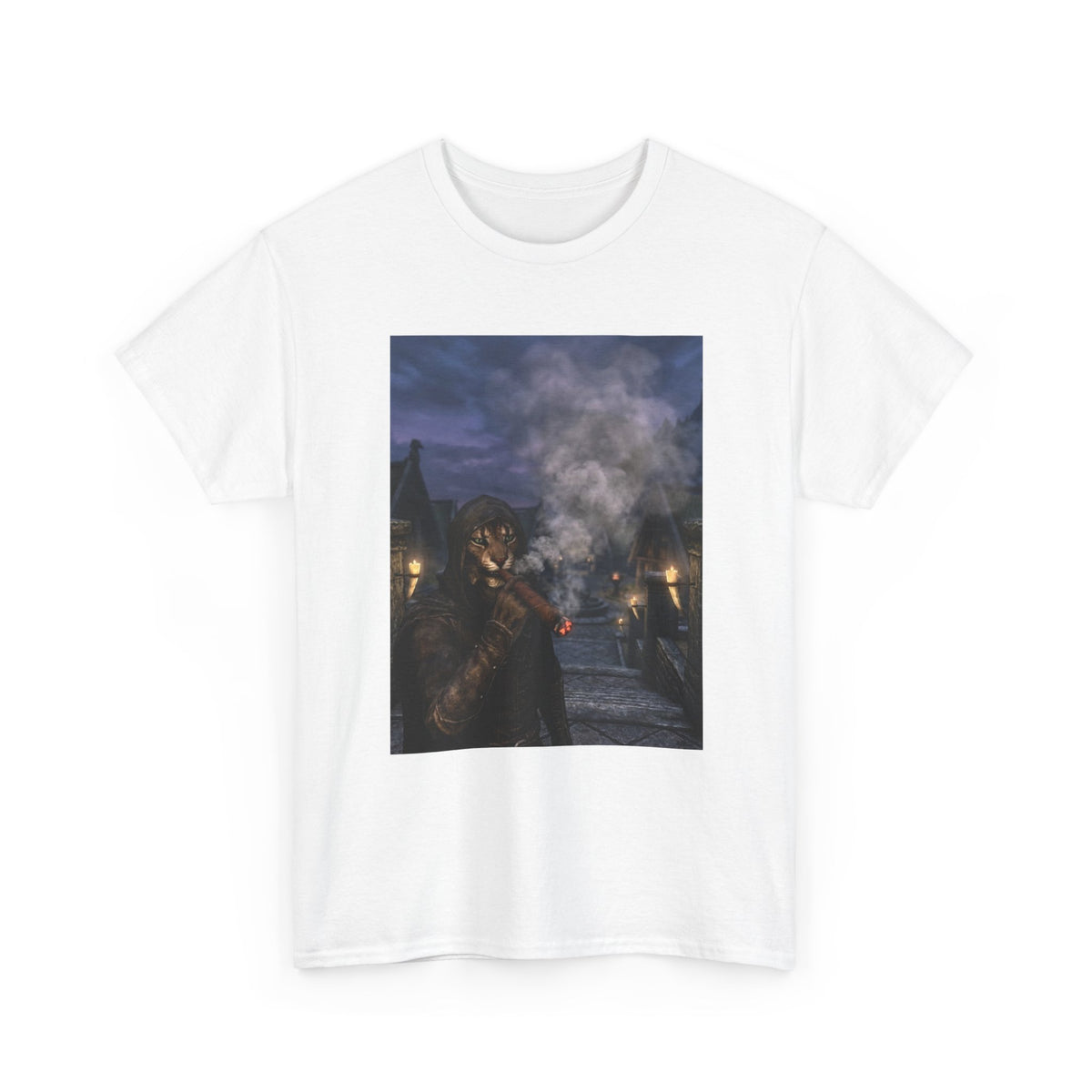 Khajiit Smokes Cigar In Medieval Alley Tee
