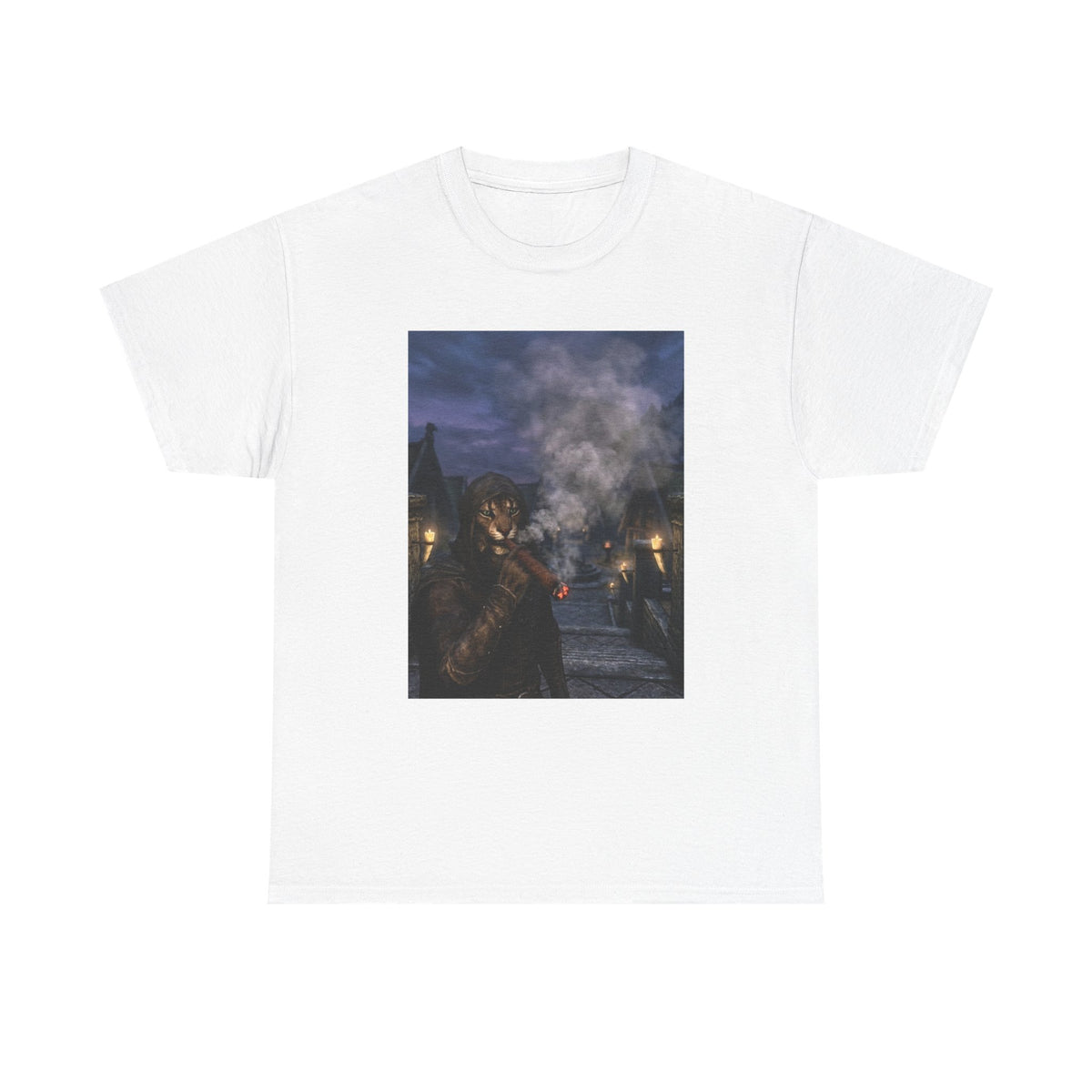 Khajiit Smokes Cigar In Medieval Alley Tee