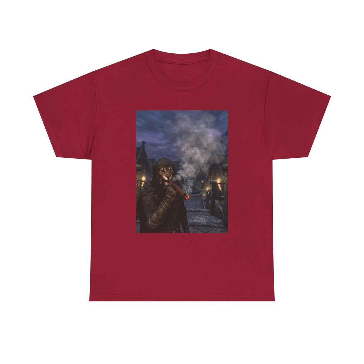 Khajiit Smokes Cigar In Medieval Alley Tee