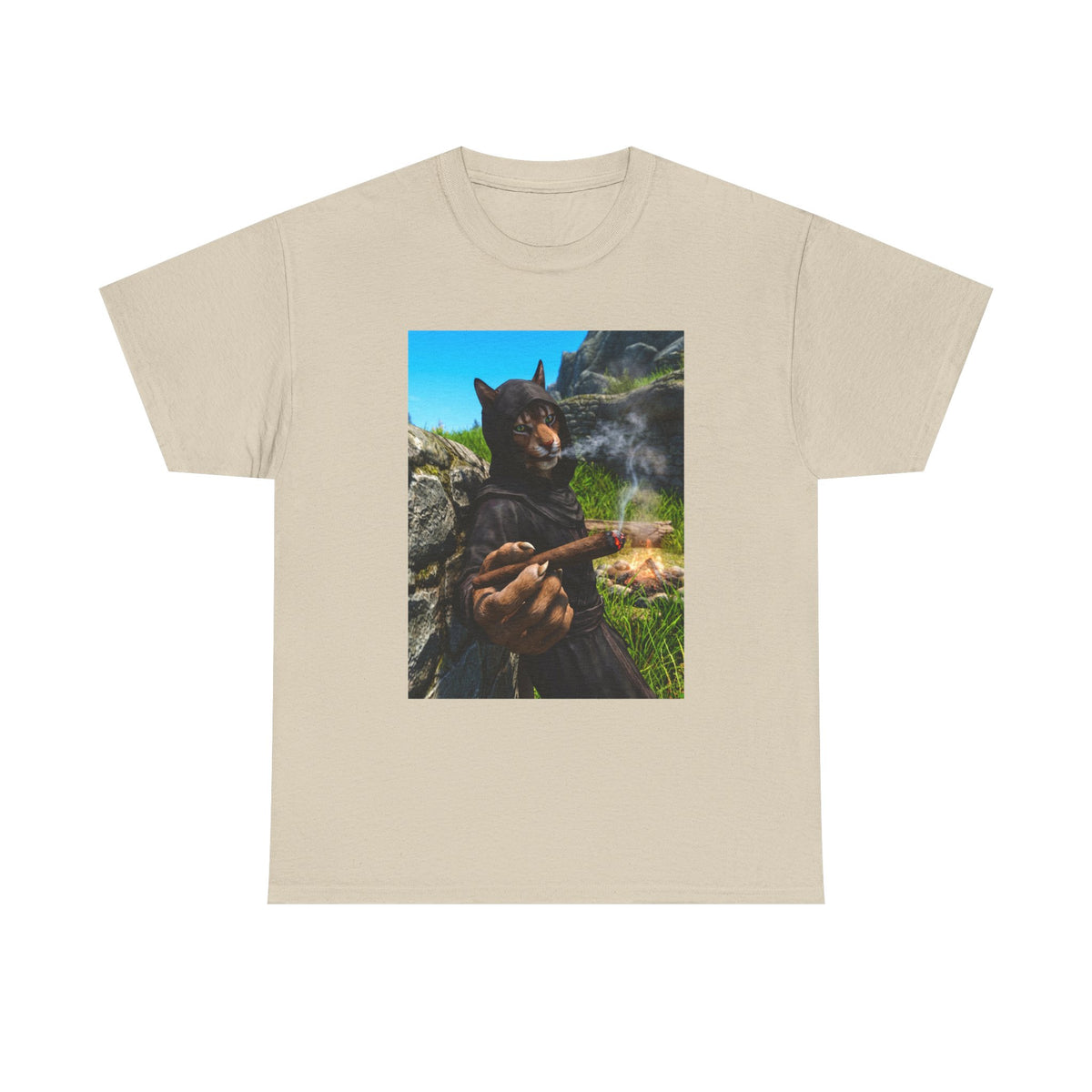Khajiit Monk Smoking By Campfire Tee