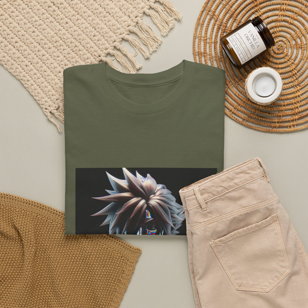 Chrome Spiky-Haired Warrior Reflecting Rainbows Tee