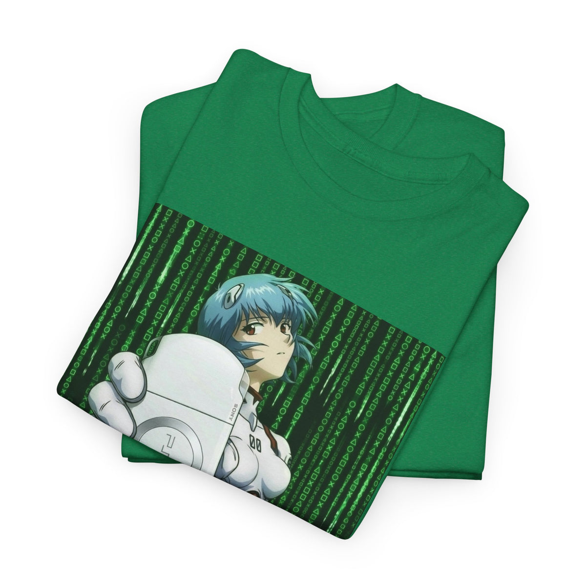 Rei Ayanami Holds PSP In Digital Rain