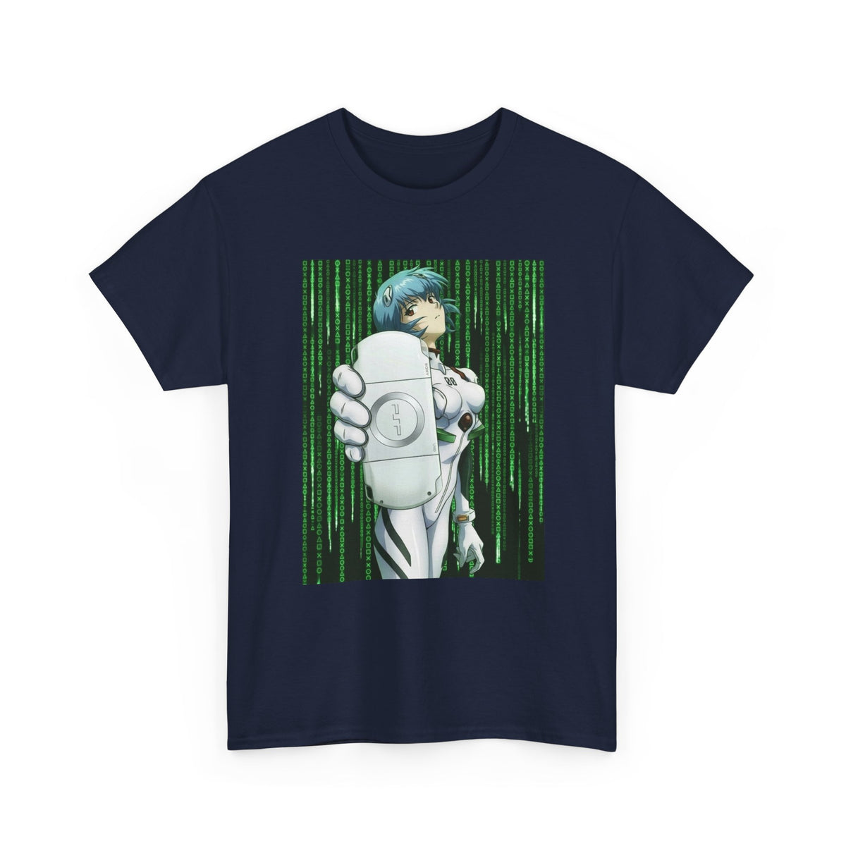 Rei Ayanami Holds PSP In Digital Rain