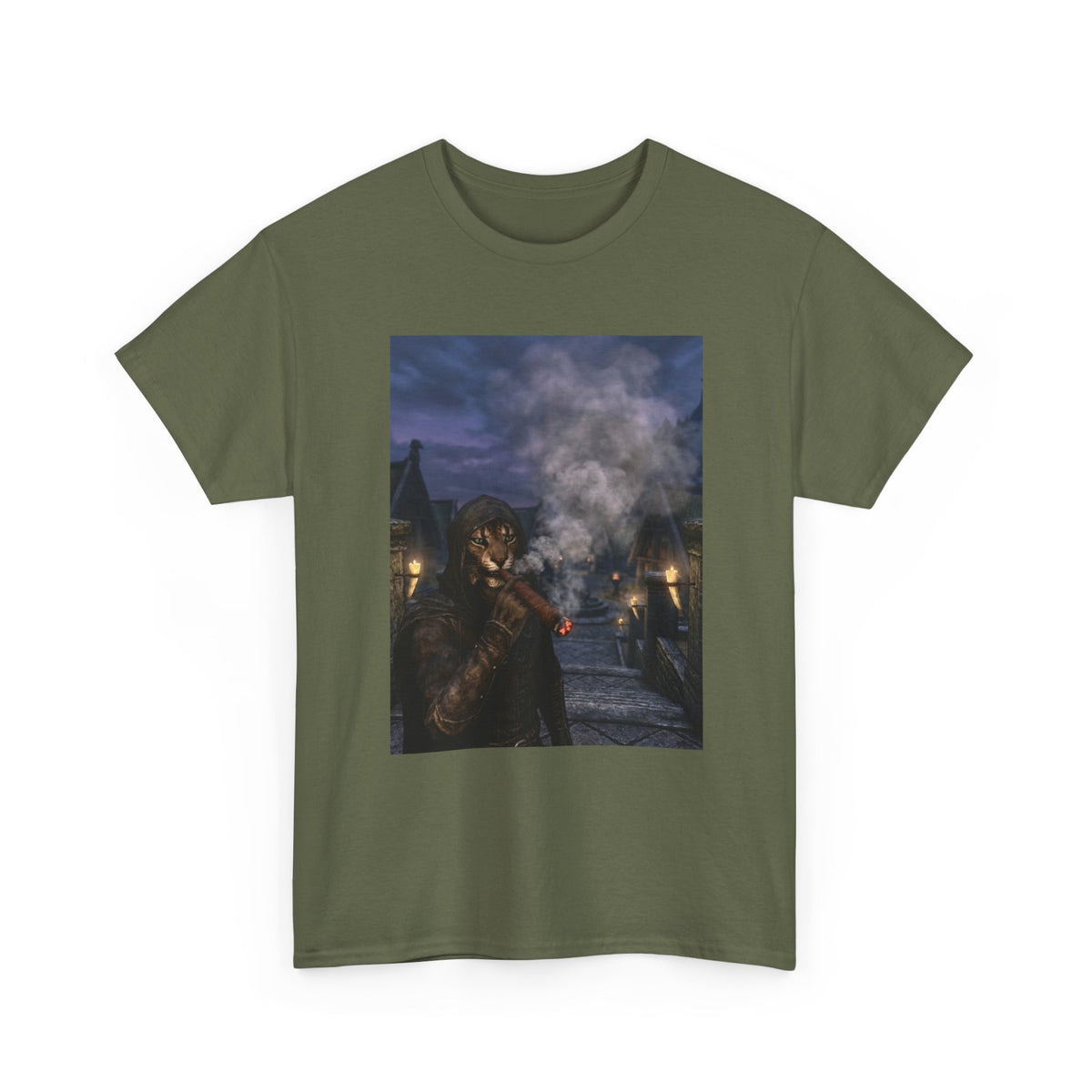 Khajiit Smokes Cigar In Medieval Alley Tee