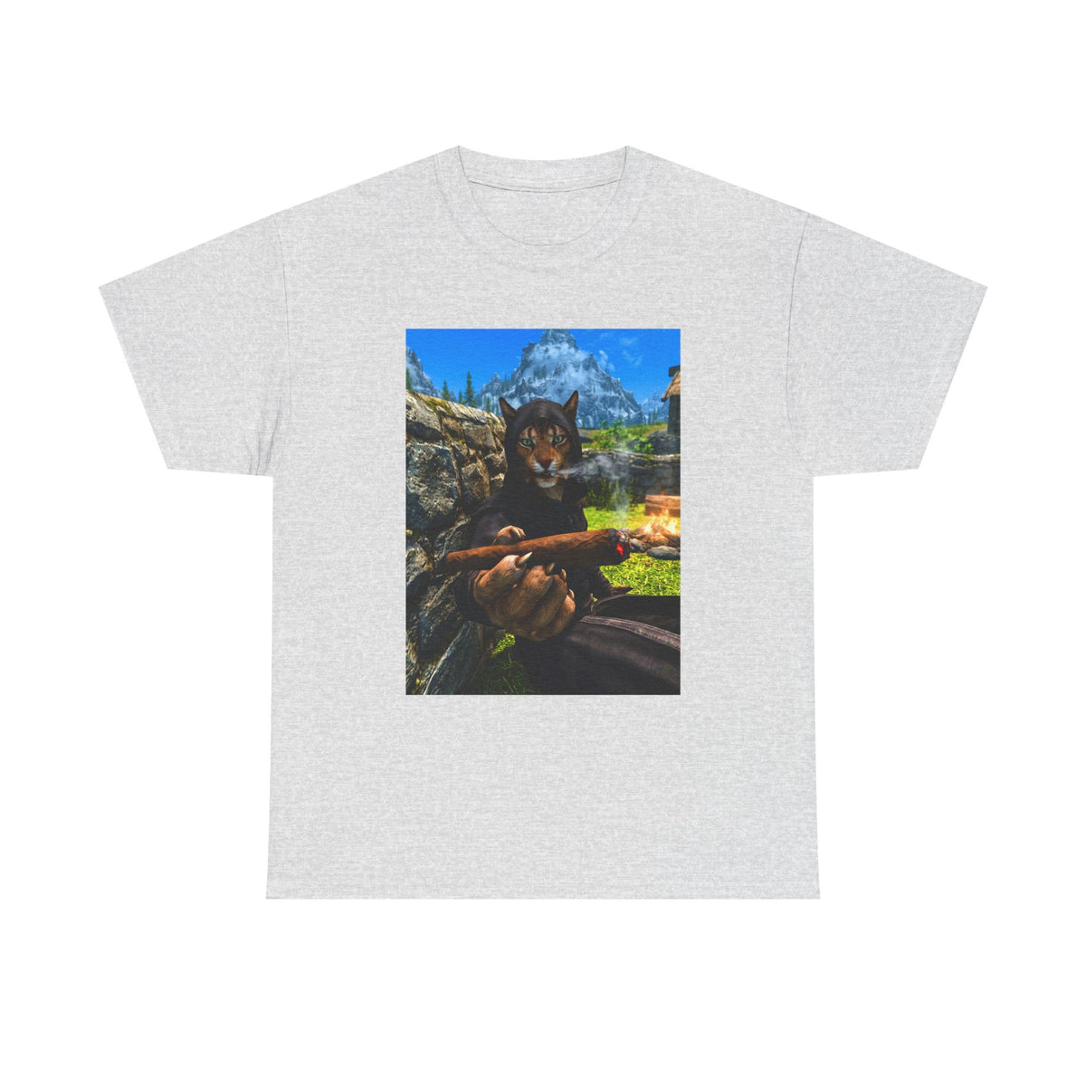 Khajiit Mage Smoking Cigar By Campfire Tee