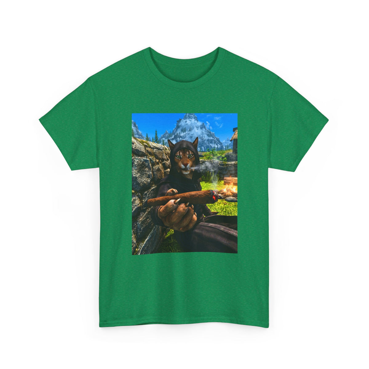Khajiit Mage Smoking Cigar By Campfire Tee