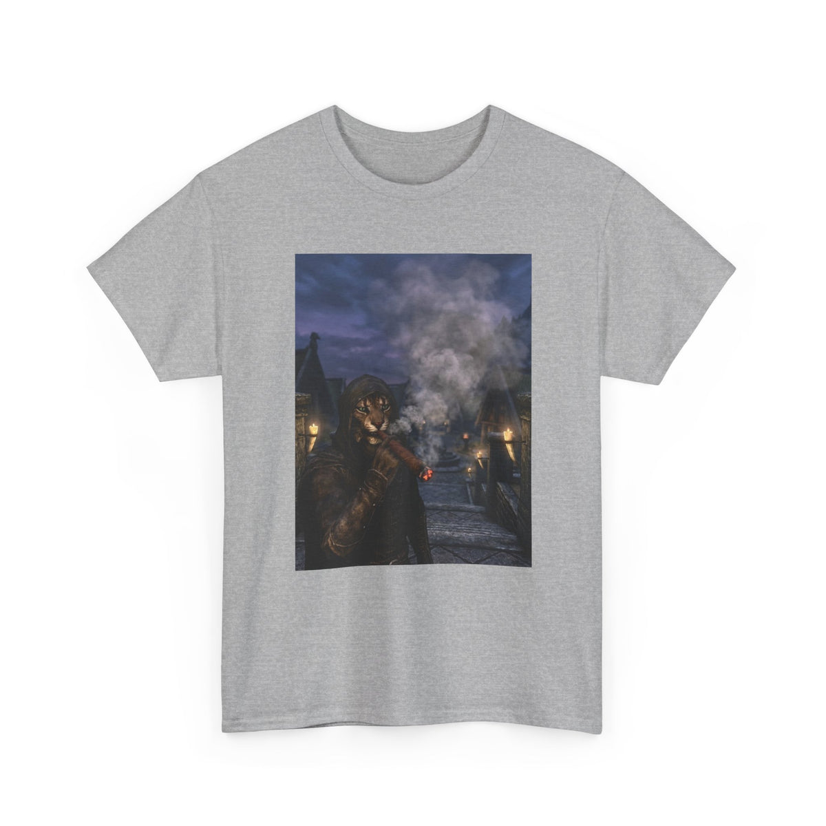 Khajiit Smokes Cigar In Medieval Alley Tee