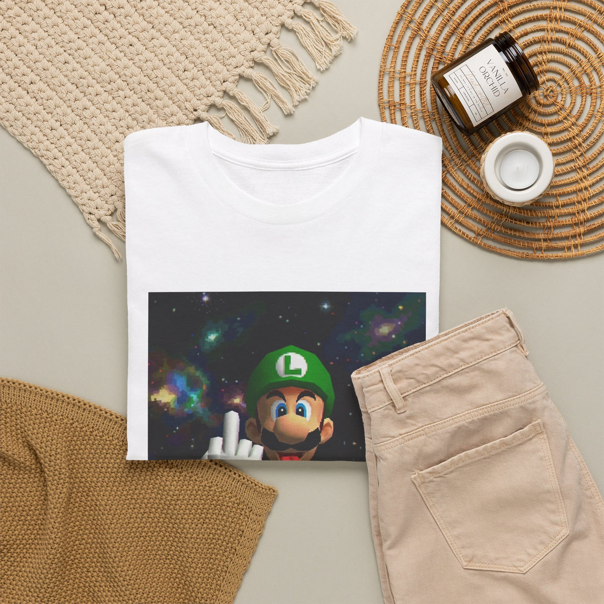 Luigi Flipping Off In Cosmic Vibe