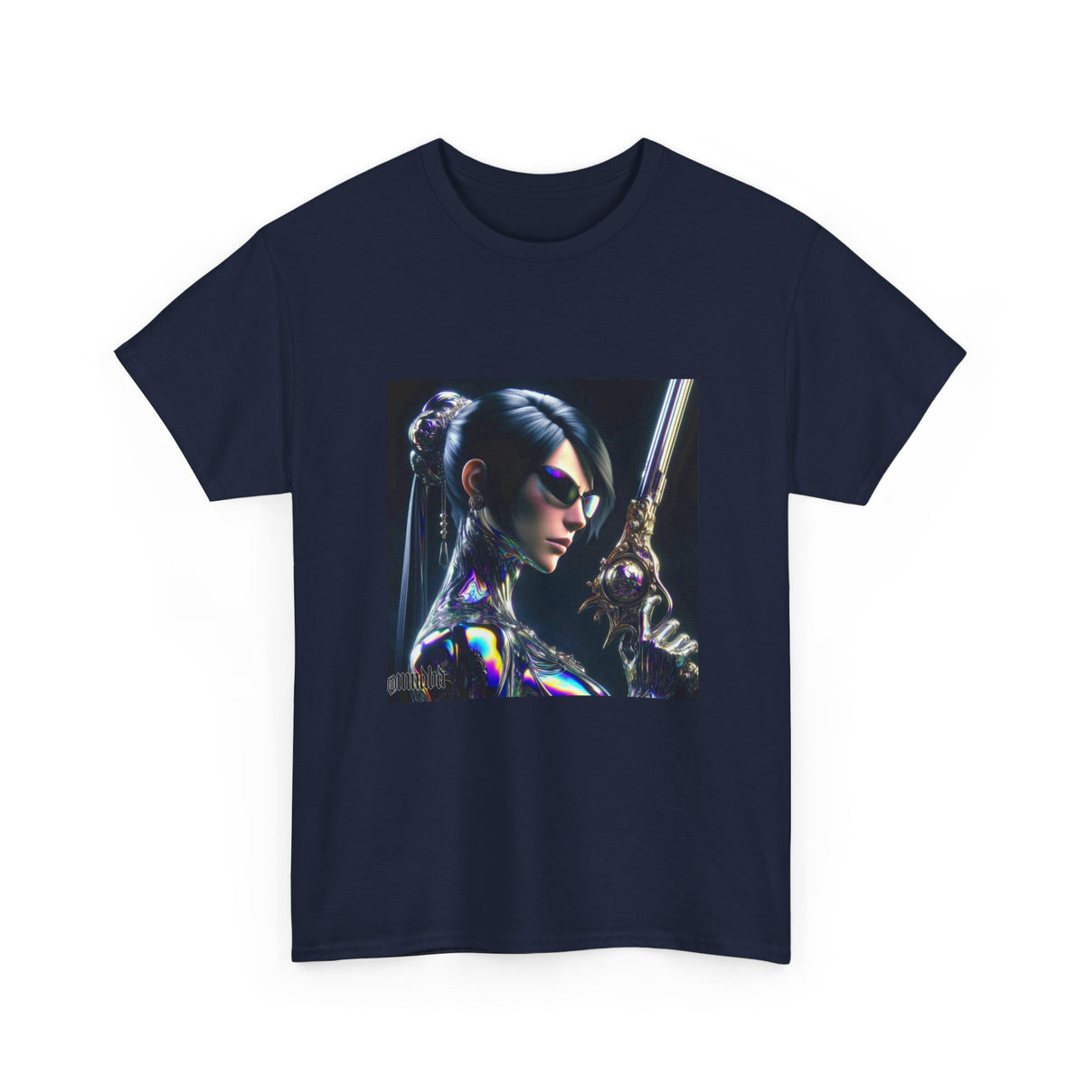 Chic Cyberpunk Huntress Wielding Rainbow Pistol