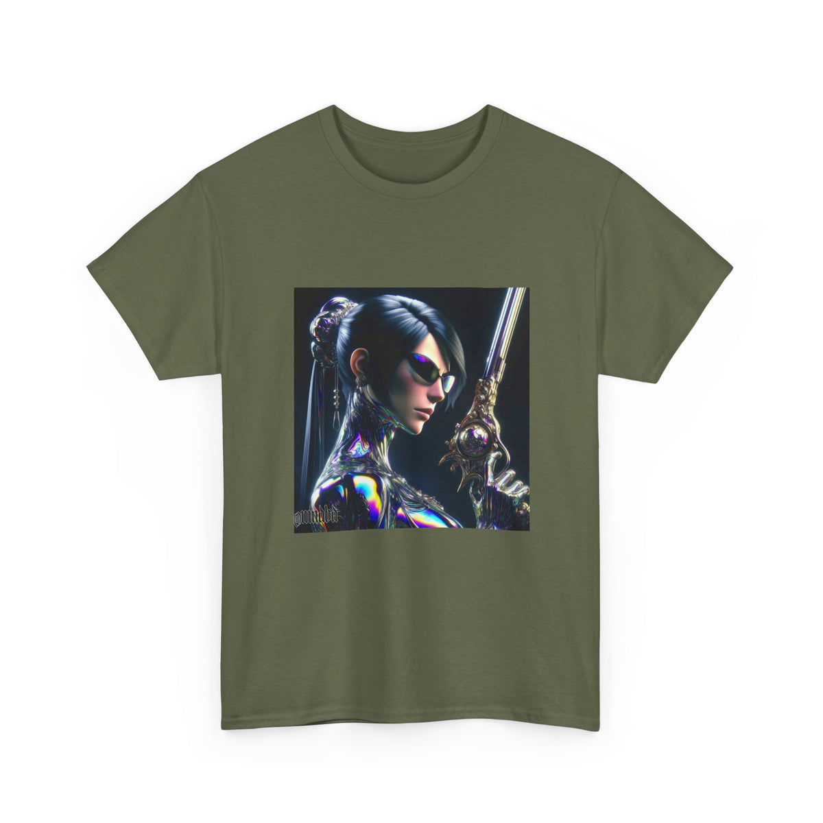 Chic Cyberpunk Huntress Wielding Rainbow Pistol