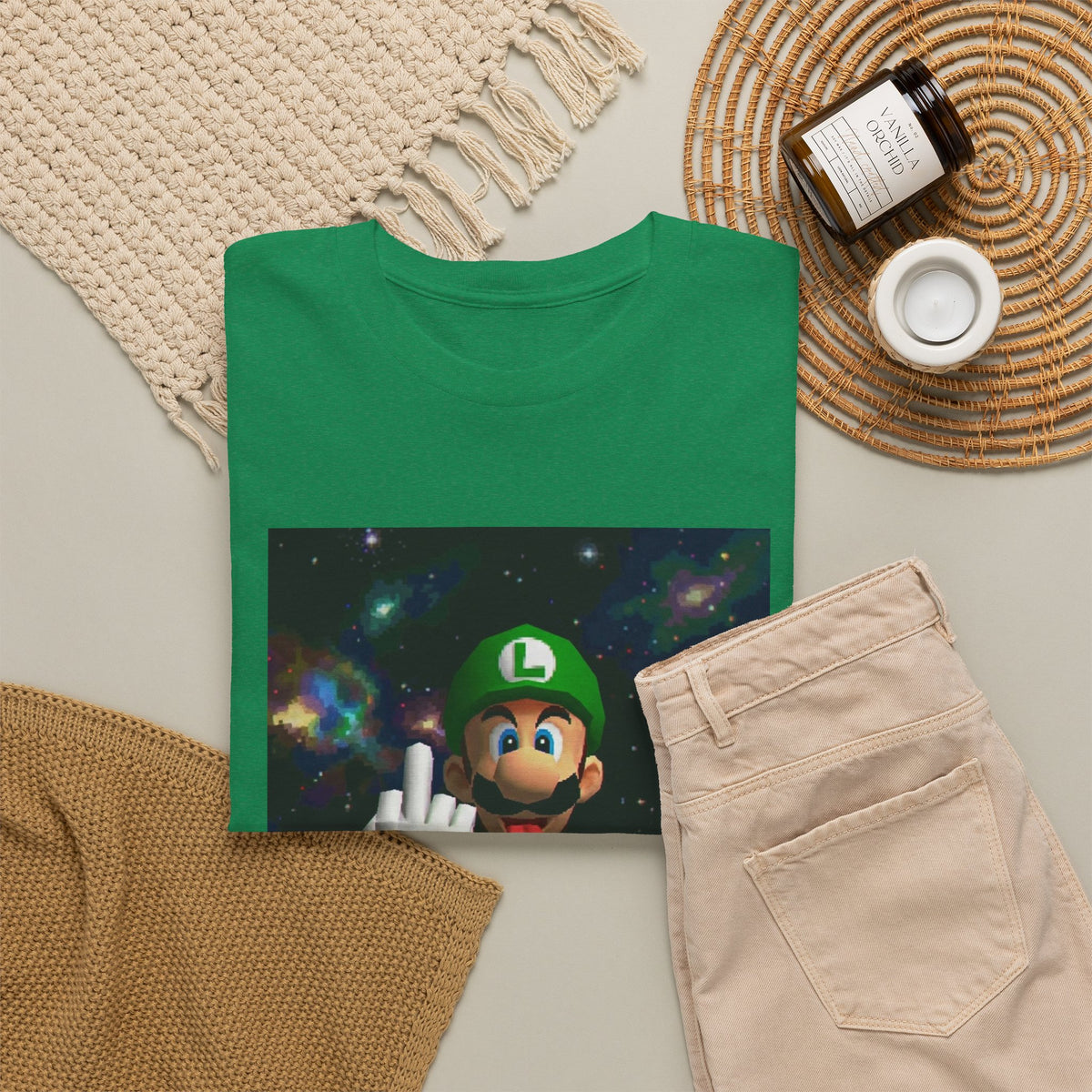 Luigi Flipping Off In Cosmic Vibe