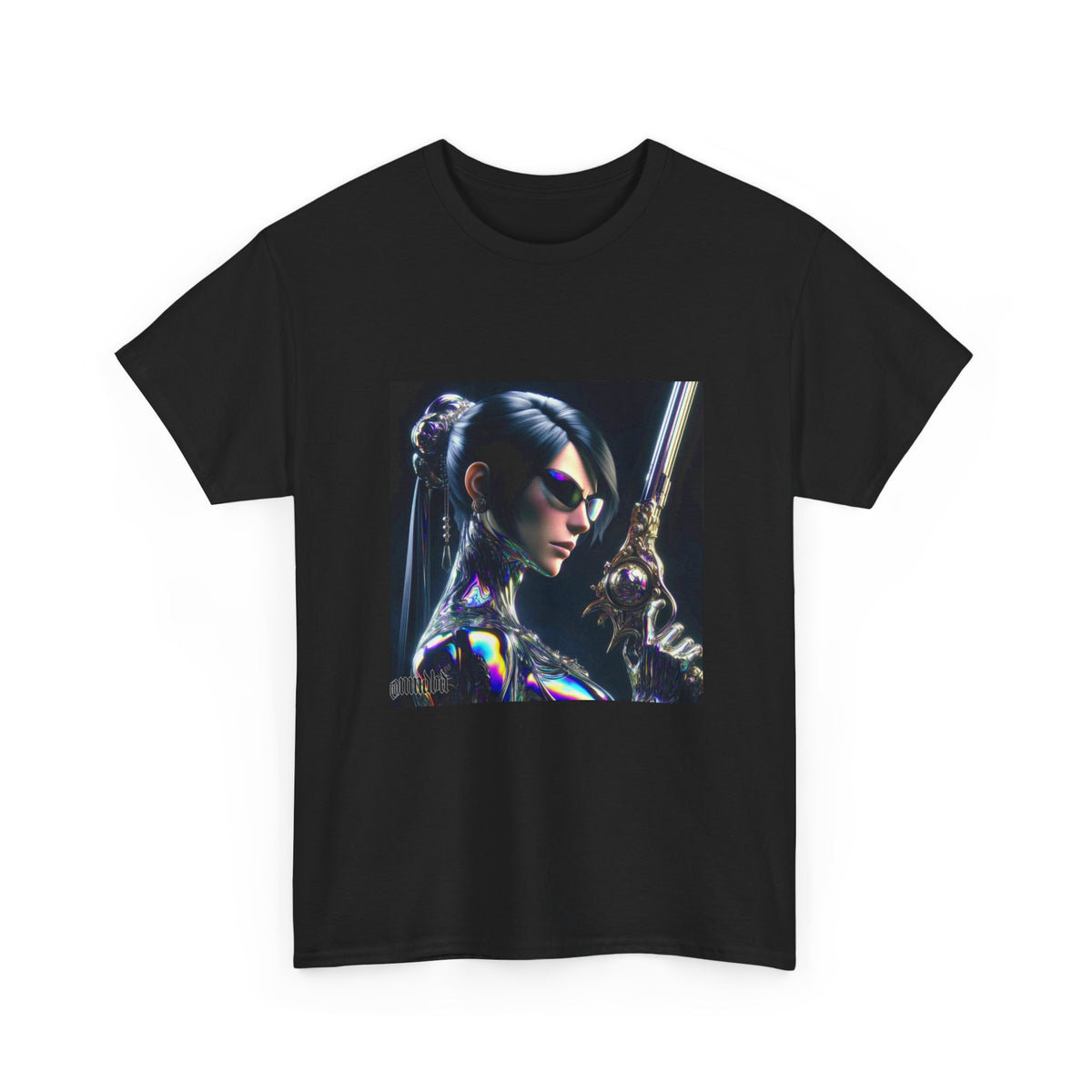 Chic Cyberpunk Huntress Wielding Rainbow Pistol