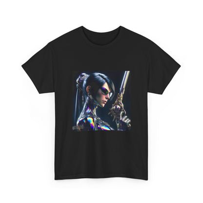 Chic Cyberpunk Huntress Wielding Rainbow Pistol