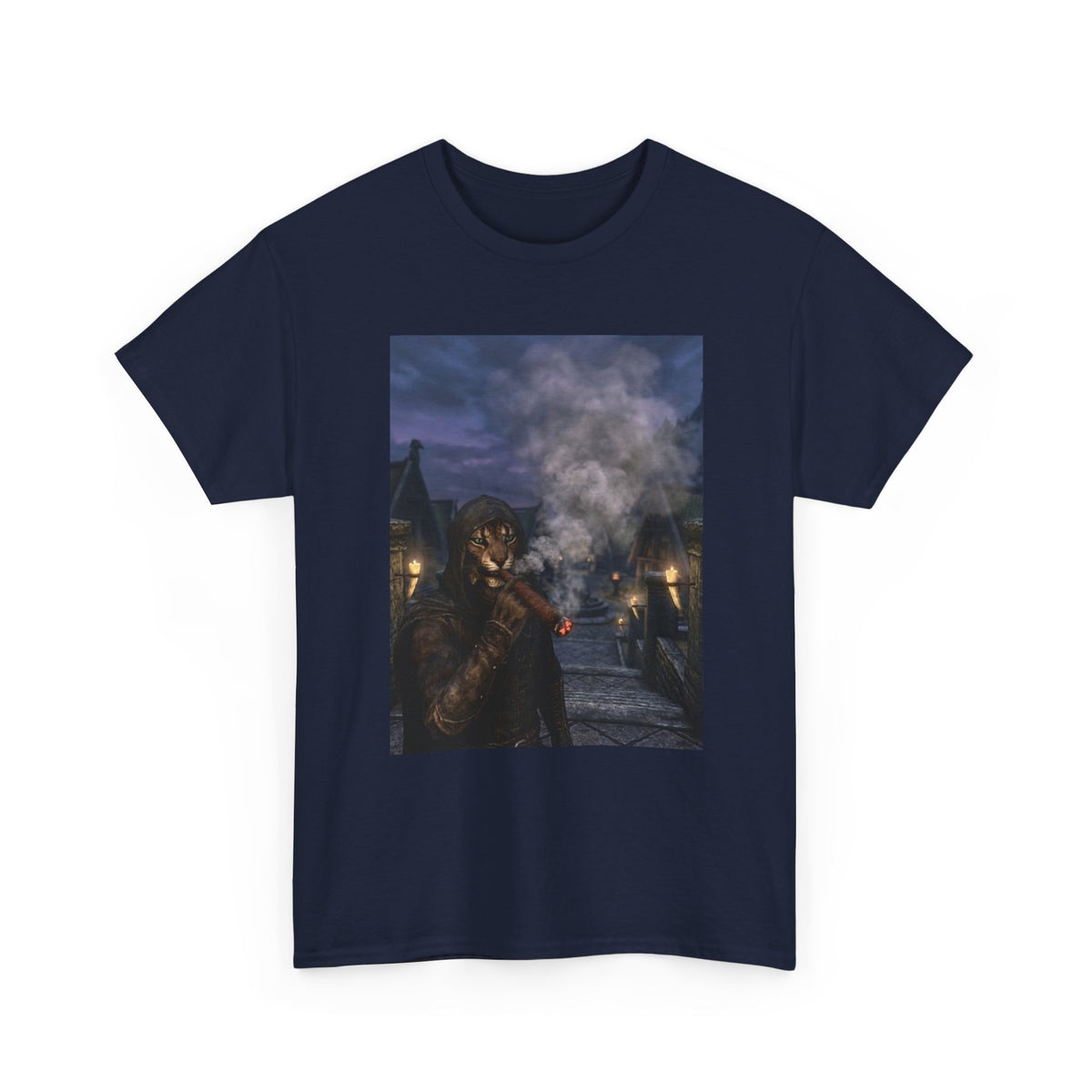 Khajiit Smokes Cigar In Medieval Alley Tee