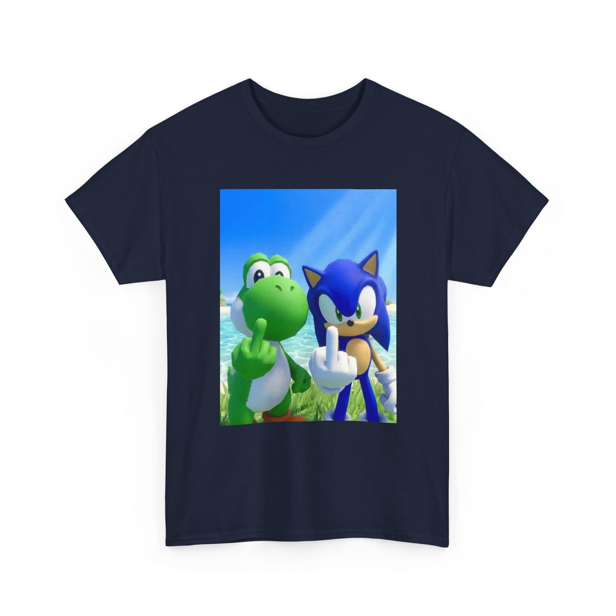Yoshi And Sonic Flipping Birds On Beach Tee