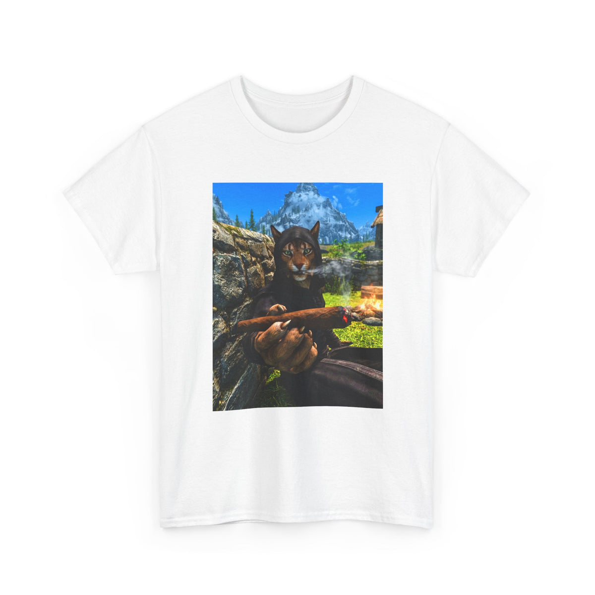 Khajiit Mage Smoking Cigar By Campfire Tee
