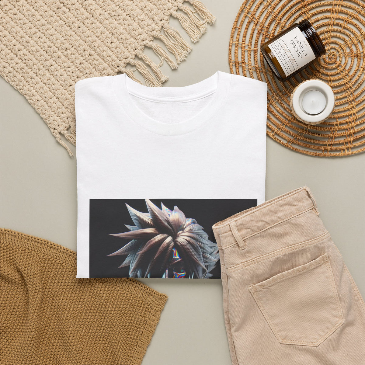 Chrome Spiky-Haired Warrior Reflecting Rainbows Tee
