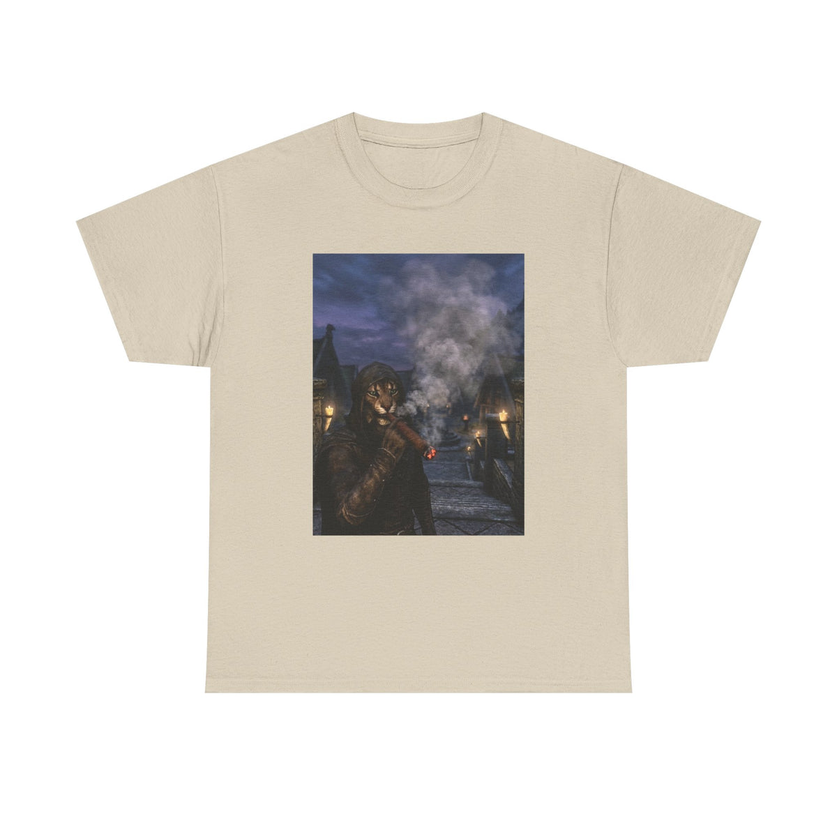 Khajiit Smokes Cigar In Medieval Alley Tee