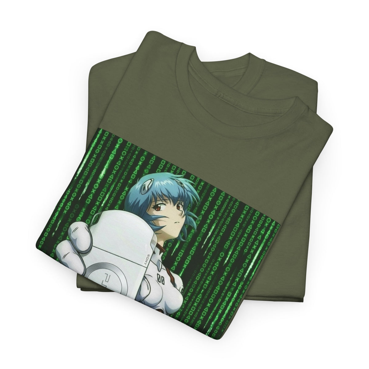 Rei Ayanami Holds PSP In Digital Rain