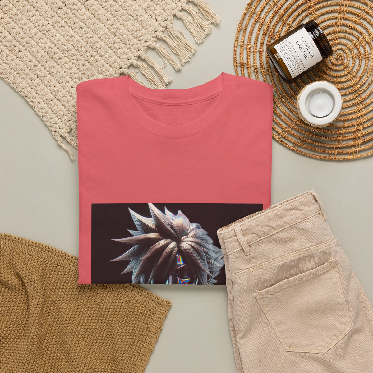 Chrome Spiky-Haired Warrior Reflecting Rainbows Tee