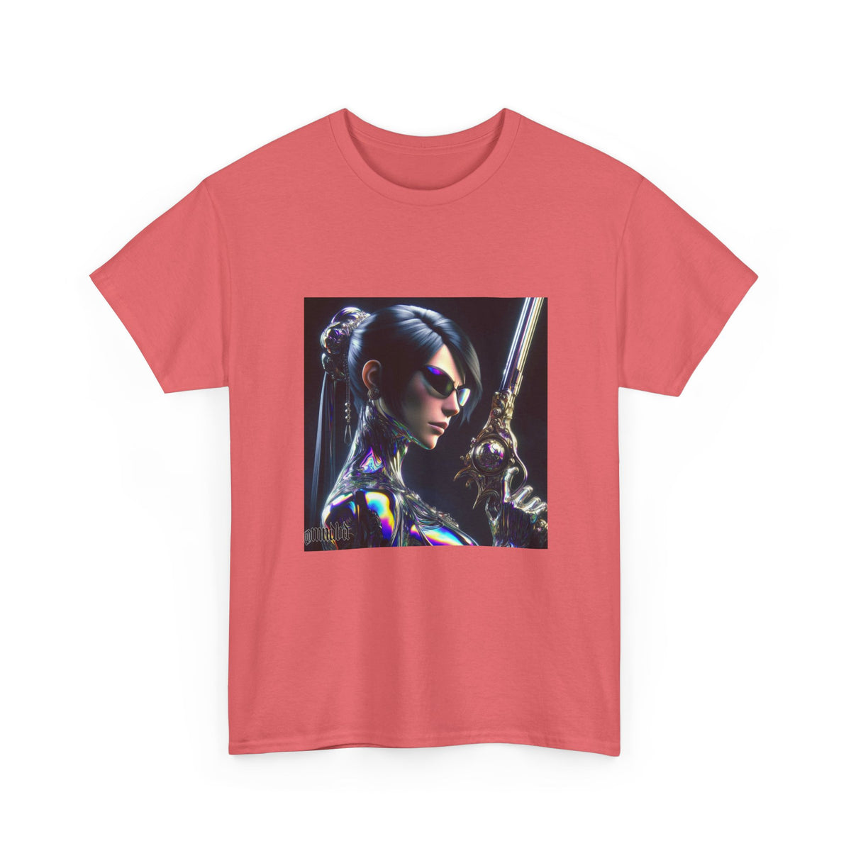 Chic Cyberpunk Huntress Wielding Rainbow Pistol