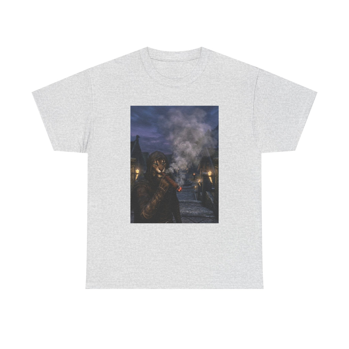 Khajiit Smokes Cigar In Medieval Alley Tee