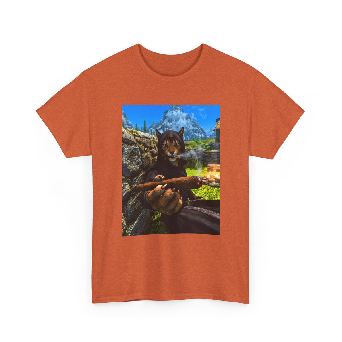 Khajiit Mage Smoking Cigar By Campfire Tee