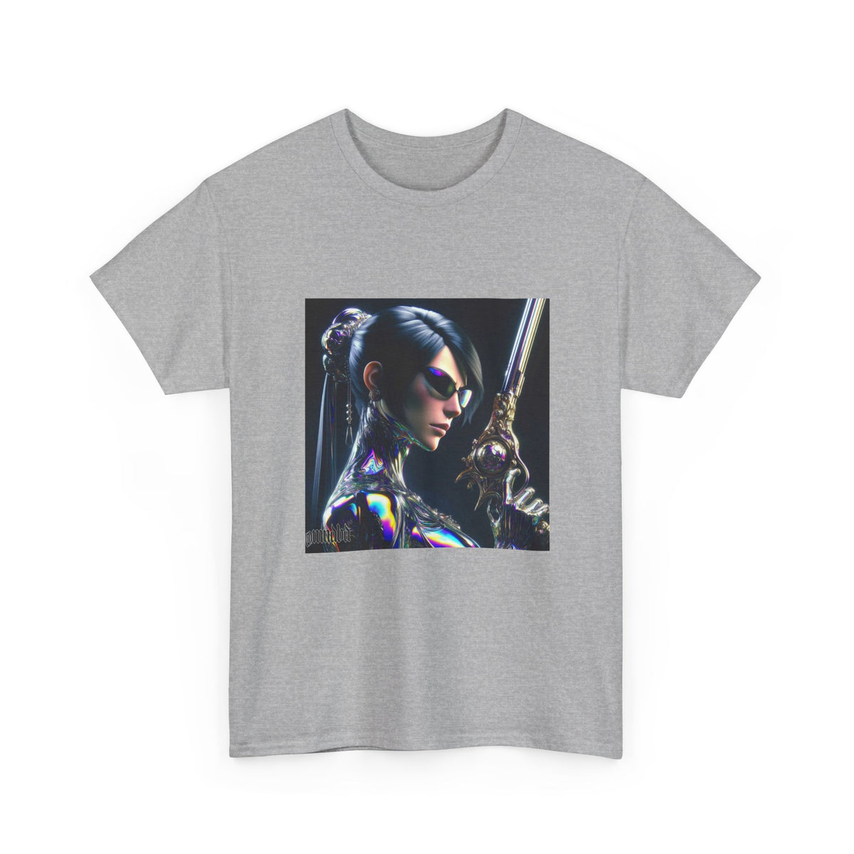 Chic Cyberpunk Huntress Wielding Rainbow Pistol