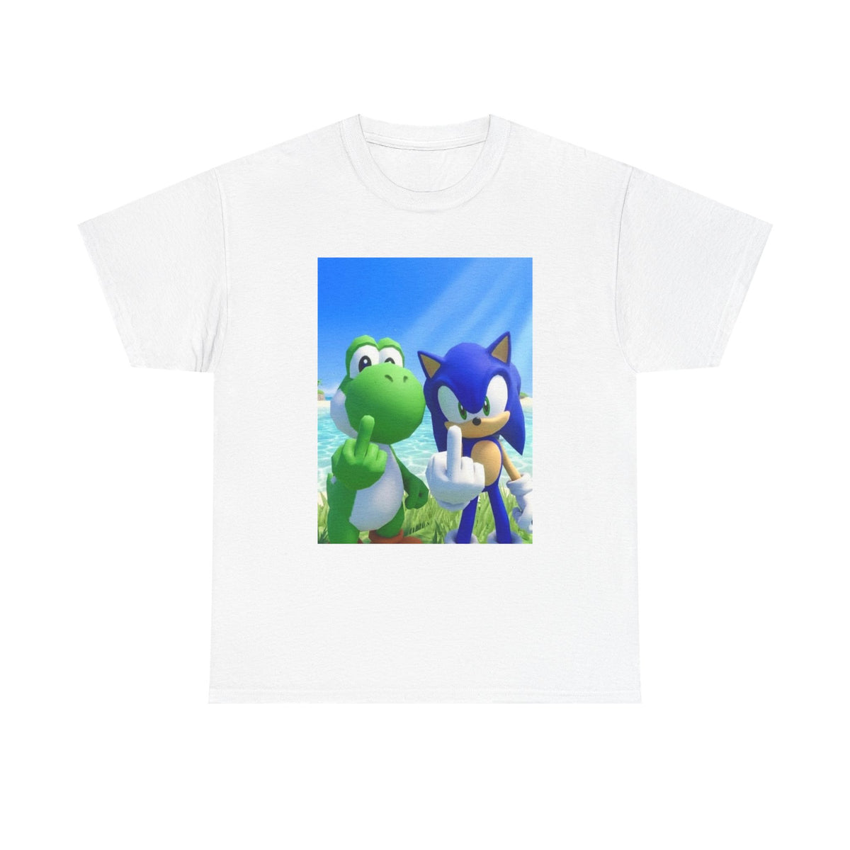Yoshi And Sonic Flipping Birds On Beach Tee