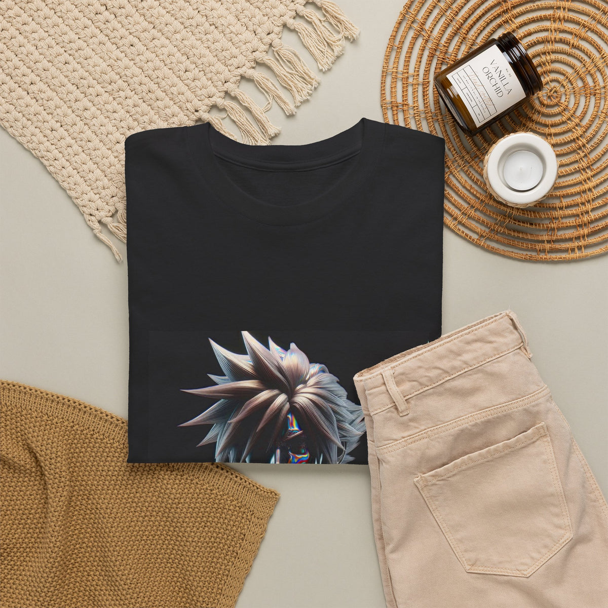 Chrome Spiky-Haired Warrior Reflecting Rainbows Tee
