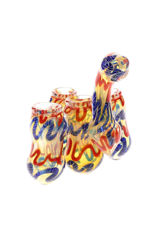 Glass Quadruple-Chamber Sherlock Bubbler “Squiggle Stack” – Color-Changing – 6½″