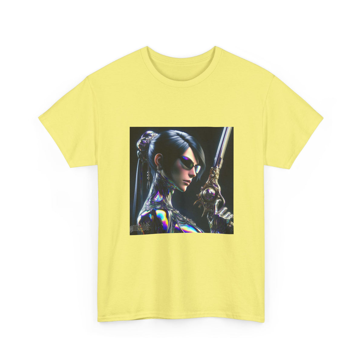 Chic Cyberpunk Huntress Wielding Rainbow Pistol