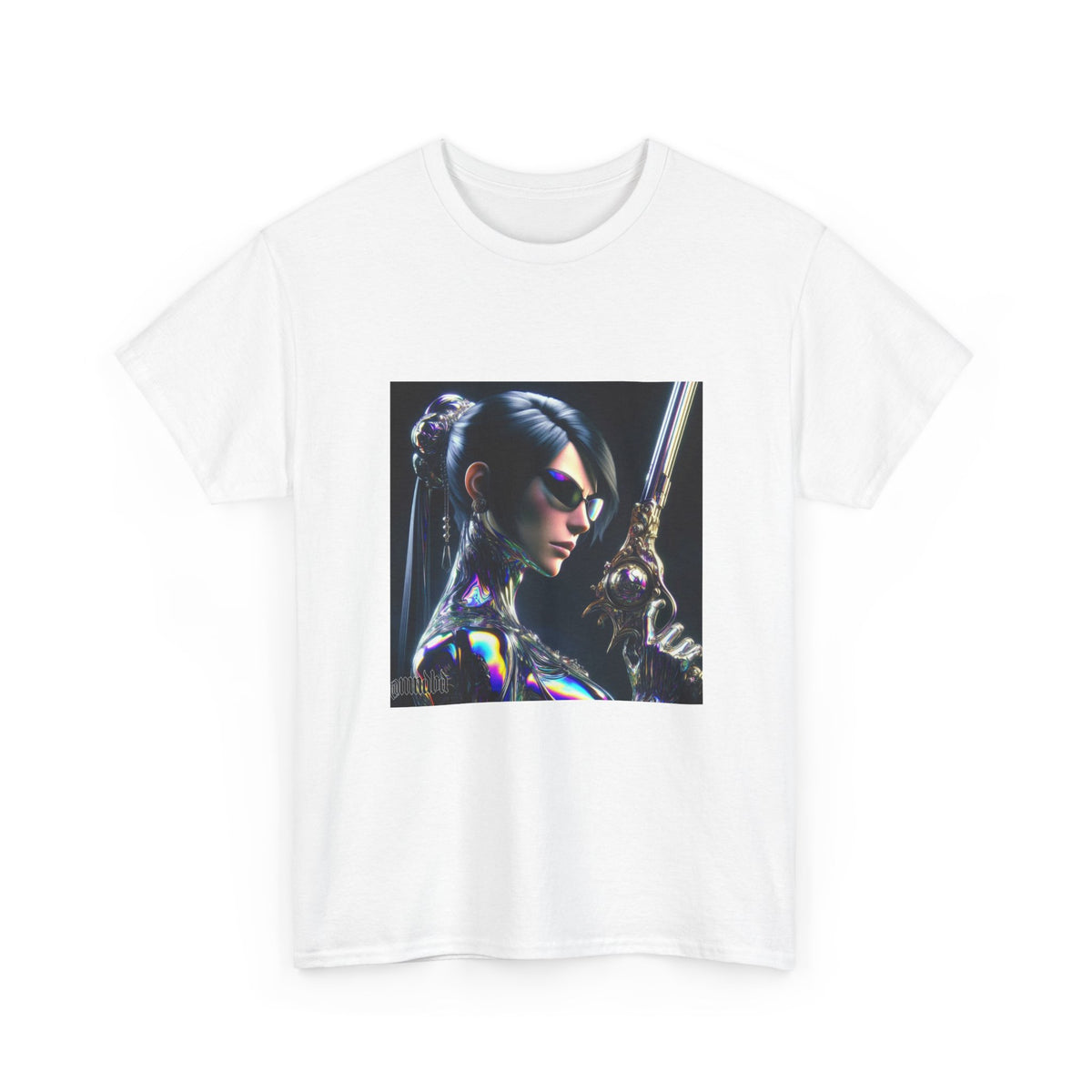 Chic Cyberpunk Huntress Wielding Rainbow Pistol