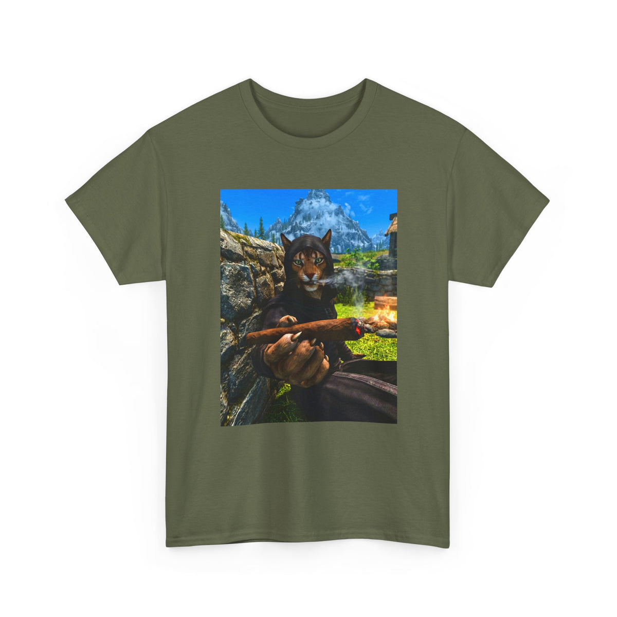 Khajiit Mage Smoking Cigar By Campfire Tee