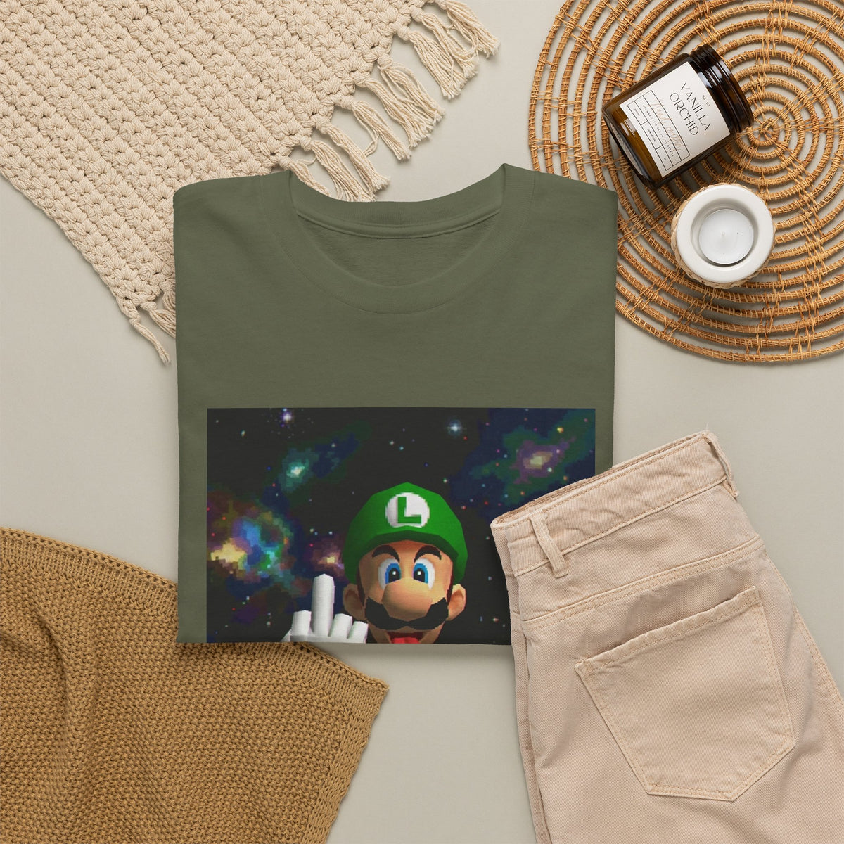 Luigi Flipping Off In Cosmic Vibe