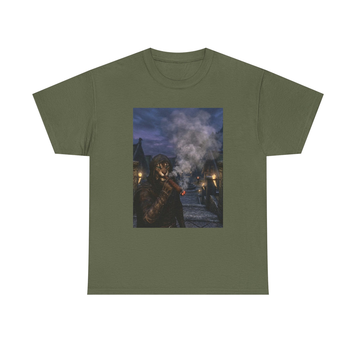 Khajiit Smokes Cigar In Medieval Alley Tee