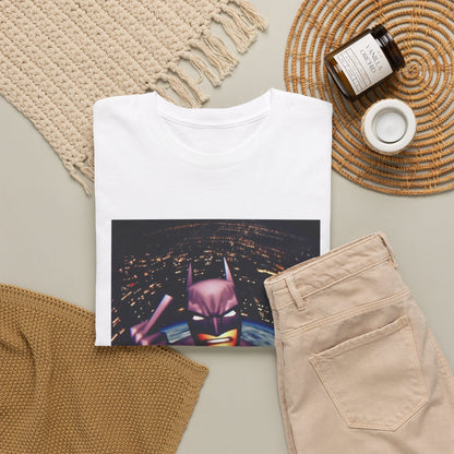 Pixel Batman Soaring Above Earth Tee