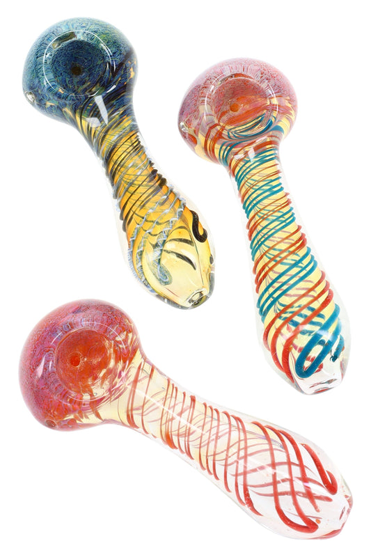 Color-Changing Spiral Stripe Frit Glass Hand Pipe “Whirlwind” – 4″ – Assorted Colors