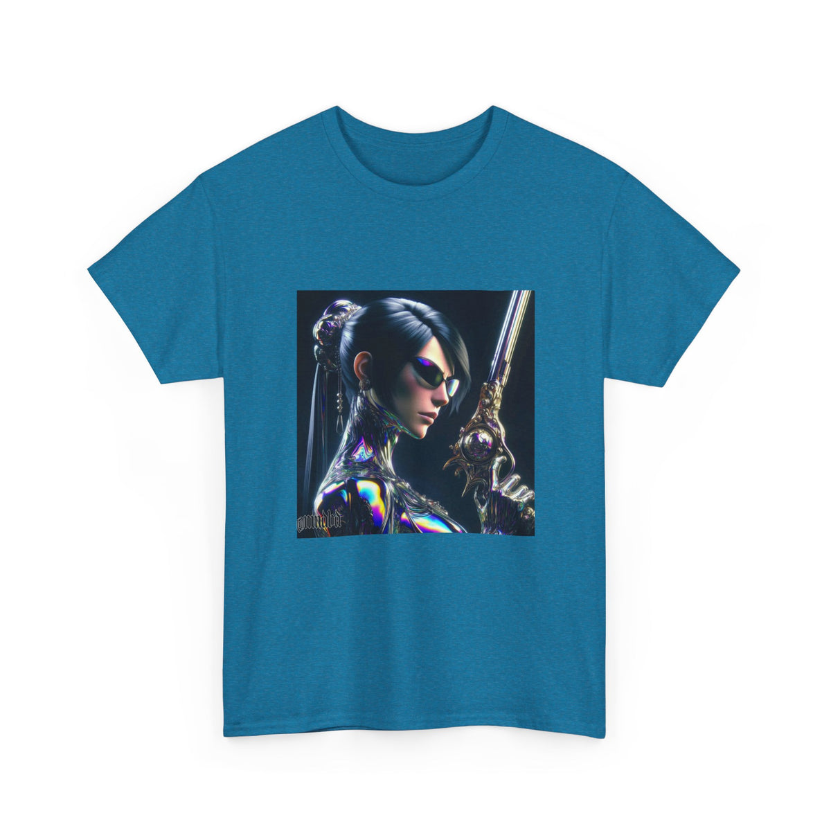 Chic Cyberpunk Huntress Wielding Rainbow Pistol